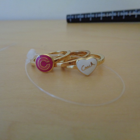 Coach Heart Signature C Band Stacked Rings 3-PC Set Gold Pink White Size… - Picture 1 of 5